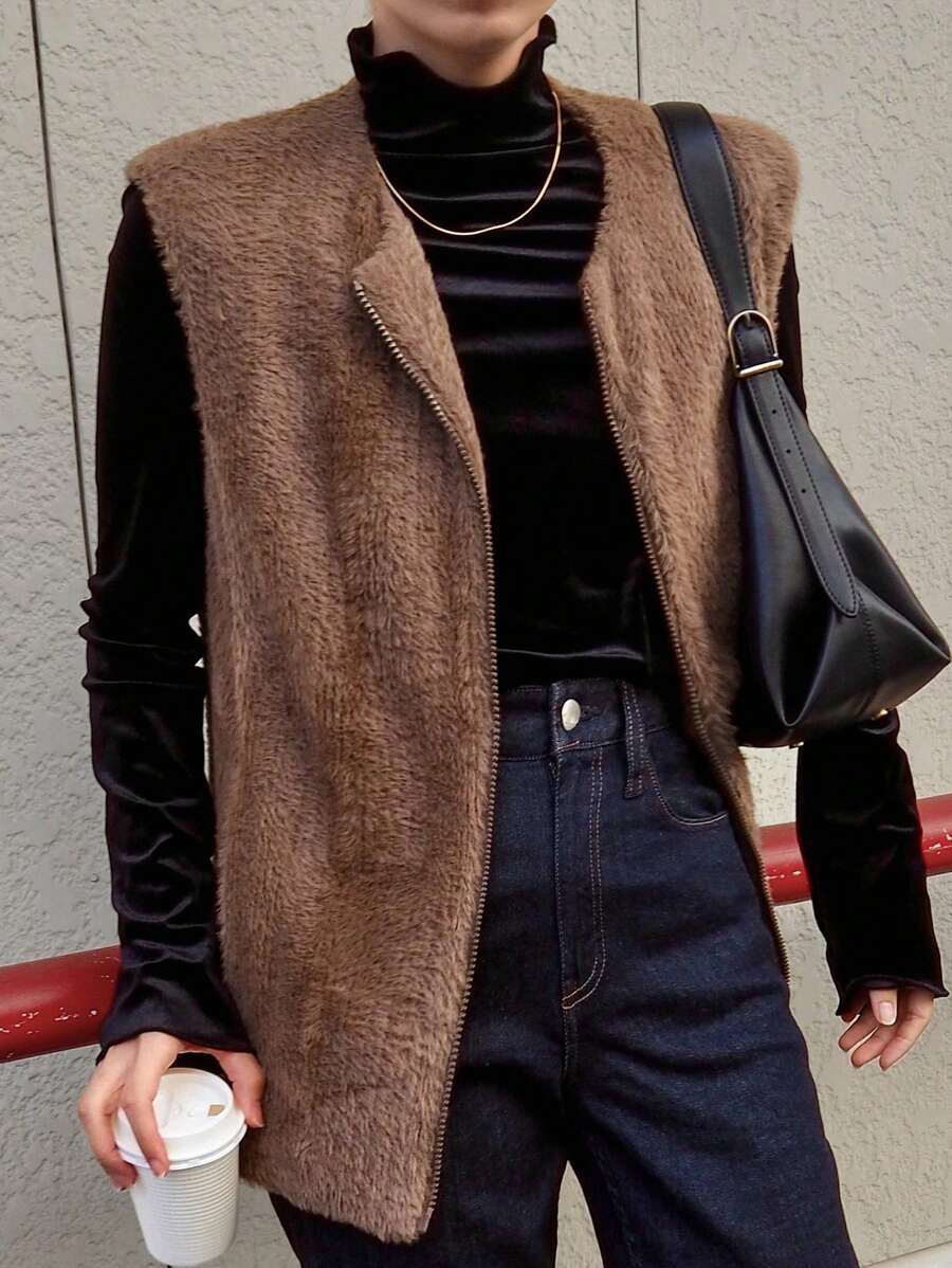 FRIFUL 女士保暖宽松背心衬衫，秋冬季保暖外套背心 - 灰色 - 查看 1