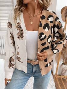 SHEIN LUNE 女式休闲豹纹虎纹长袖基本款开衫，秋冬 - 彩色 - 查看 1