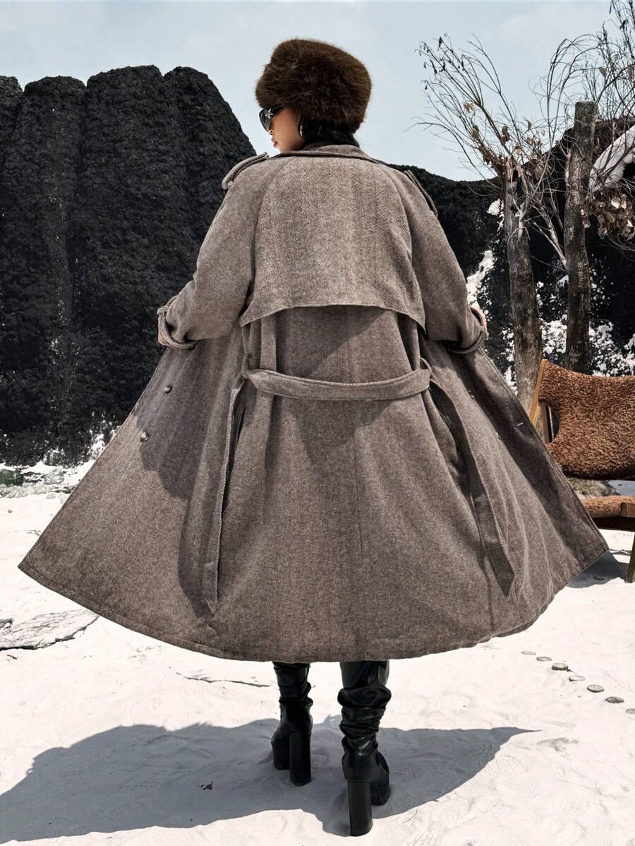 Calvaya 大码女式纯色翻领长袖双排扣长款休闲大衣,秋冬 - 卡其色 - 查看 1