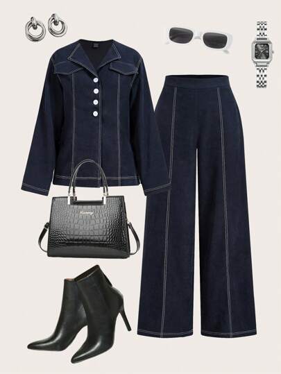 Modelyn 2 件套女式休闲拼色外缝衬衫和裤子套装，秋季 2 件套