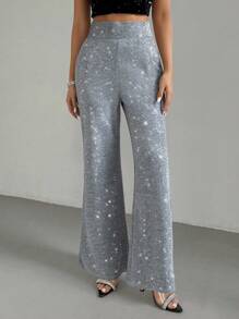 Chiquease Women Silver Glittery High Waisted Loose Straight Leg Long Pants - Silver - View 4