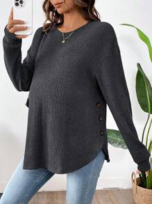 SHEIN Maternity Round Neck Drop Shoulder Side Button Breastfeeding Tee, Autumn - Black - View 4