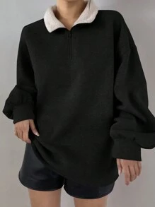 DAZY Damen Winter Langarm Sherpa Kragen Plüsch Sweatshirt mit Thermofutter - Schwarz - Übersicht 2