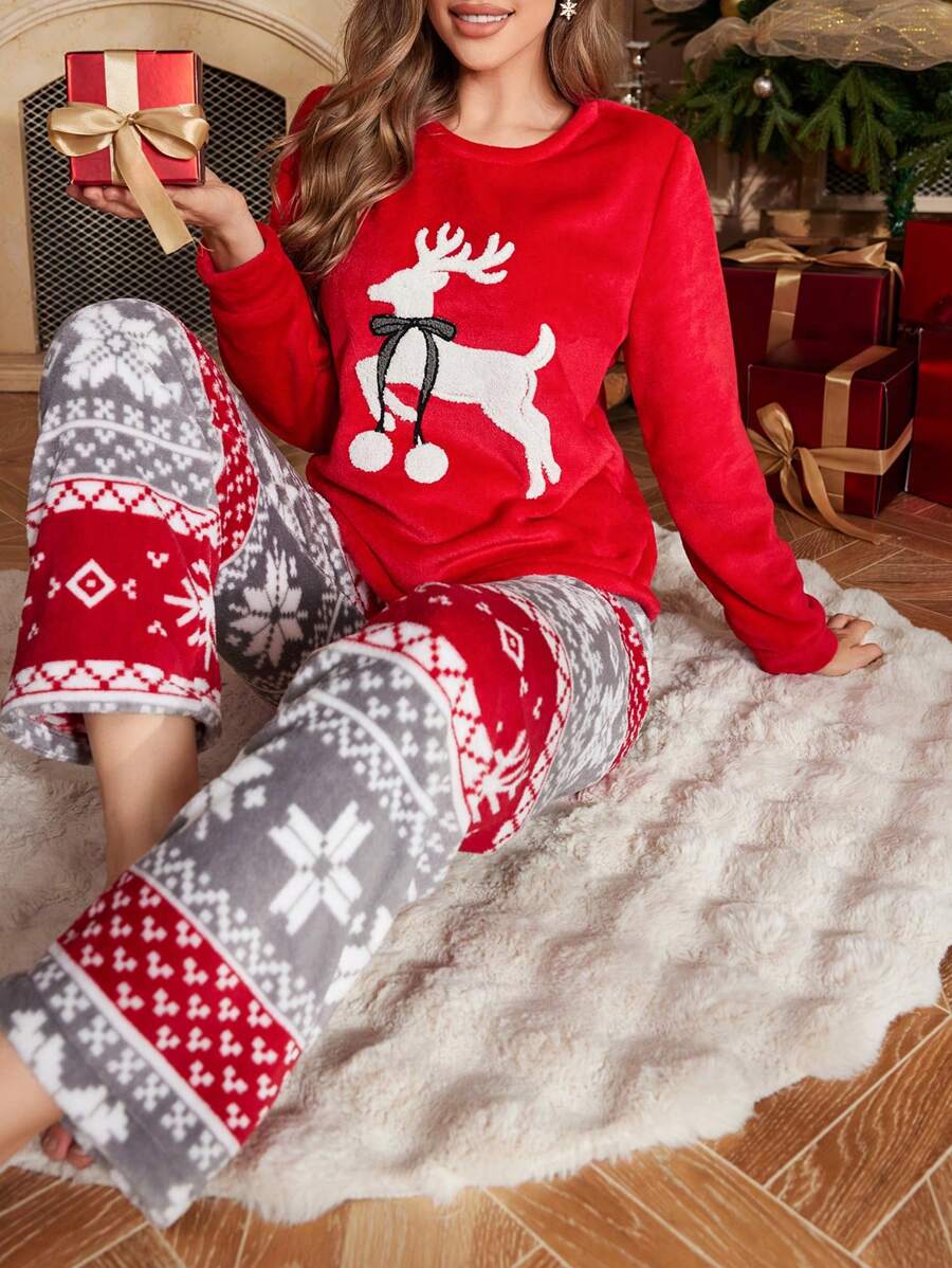 Christmas Reindeer & Snowflake Print Flannel Pajama Set For Women, Fall/Winter Clothes, Fluffy Cozy - Red - View 1
