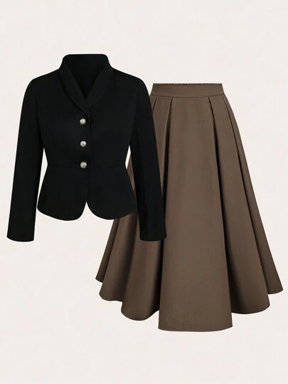 大码纯色前扣长袖衬衫和裙子休闲套装