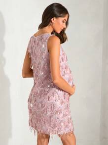 MaterniChic Maternity Round Neck Fuzzy Party Dress - Pink - View 2