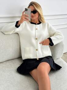 EURMUSE Contrast Color Trim Front Button-Up Pockets Elegant Long Sleeve Knit Cardigan