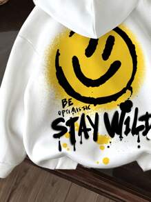 SHEIN 男婴休闲简约笑脸图案柔软针织厚连帽套头衫，适合秋季 - 白色 - 查看 4