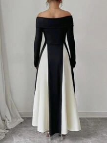 Chiquease 女士秋冬露肩撞色腰 A 字长袖连衣裙长款女装 - 黑色 - 查看 2