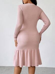Franclia Plus Size Women Elegant Solid Colored Button Decor Ruffle Hem Bodycon Ribbed Knit Sweater Dress, For Winter