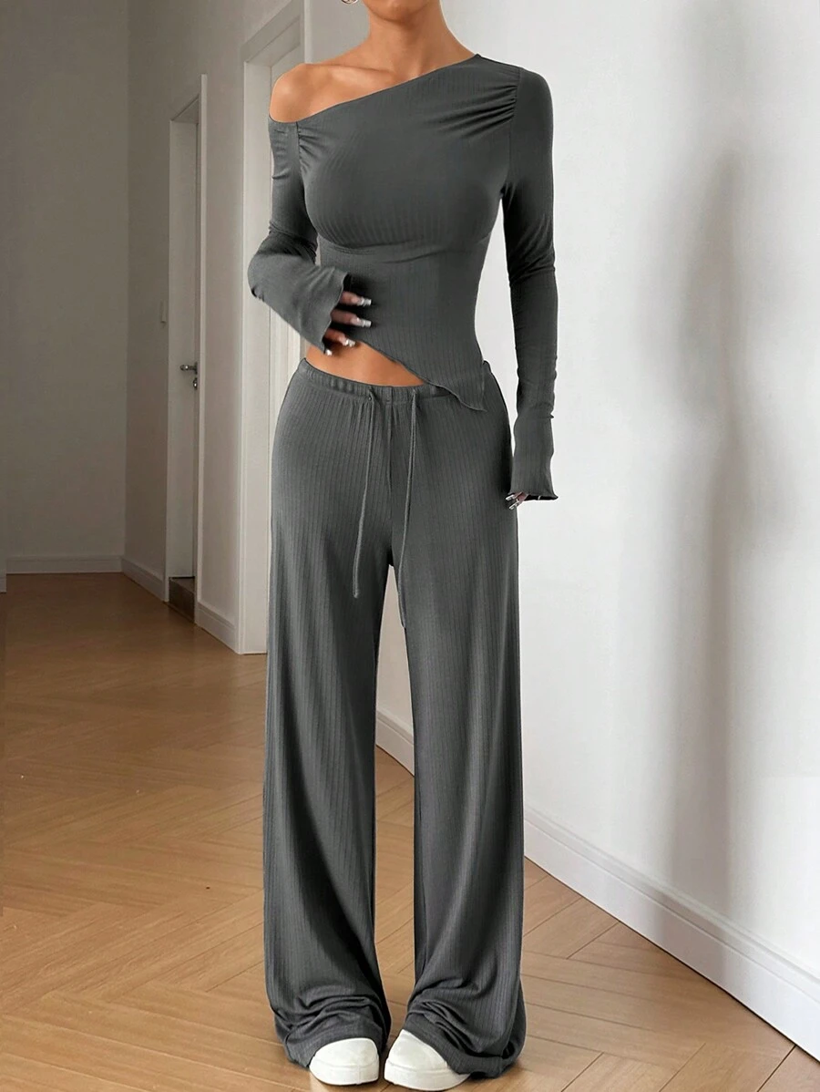 SHEIN EZwear 2 件套女士休闲纯色不对称长袖上衣和裤子套装,春秋 - 灰色 - 查看 1