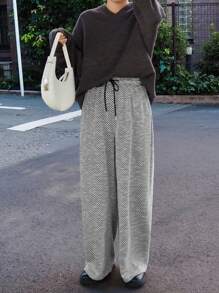FRIFUL Women's Casual Color Block Striped Drawstring Waist Wide Leg Pants - Black - View 6