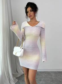 Elenzga Vestido suéter feminino Ombre gola alta manga comprida justo elegante, outono/inverno - Multicolorido - Ver 7