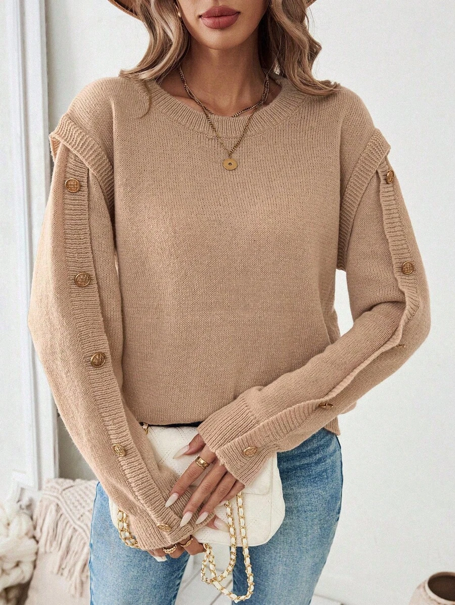 SHEIN LUNE Casual Solid Color 2 In 1 Sweater, Autumn, Knit Pullover Fall Winter - Khaki - View 1