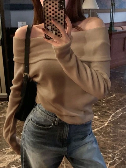 DAZY 女士纯色露肩针织 T 恤，卡其色，春夏秋季长袖女上衣，秋季女装