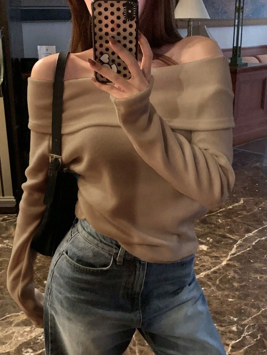 DAZY 女士纯色露肩针织 T 恤，卡其色，春夏秋季长袖女上衣，秋季女装 - 卡其色 - 查看 1