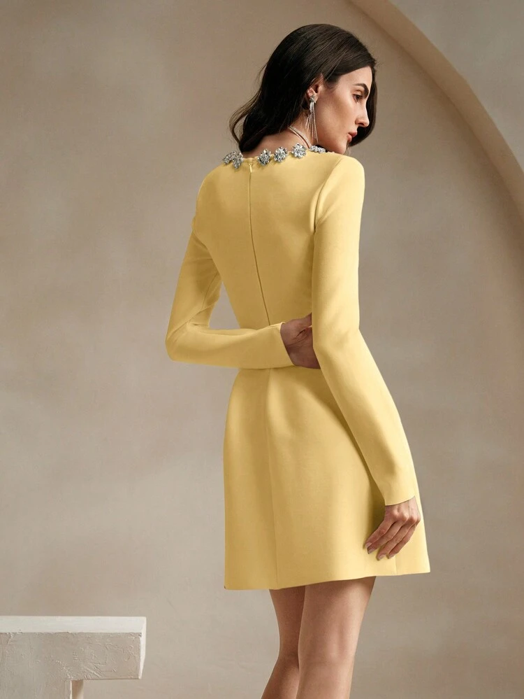 Elegant Diamond Decor Square Neck Cinched Waist Party Dress