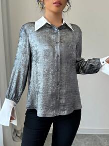 Calvaya Camisa larga holgada de manga larga con contraste de color metálico para mujer, de uso casual en otoño