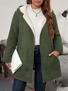 SHEIN LUNE Áo khoác trùm đầu tay dài màu trơn tối giản giản dị cỡ lớn dành cho nữ - xanh quân đội - Xem 7