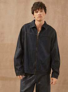 男士优质棉质牛仔深色涂层拉链夹克