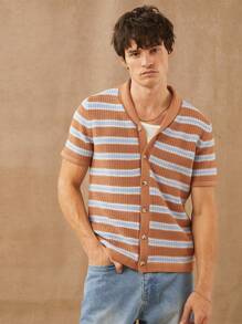 男士条纹毛衣针织纽扣开衫