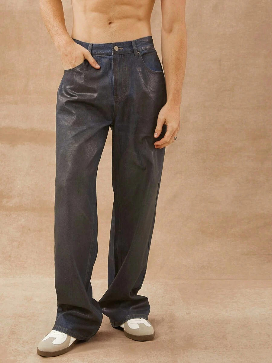 Men Premium Cotton Denim Dark Coated Straight Leg Jeans