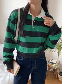 DAZY Women's Loose Short Striped Patchwork Contrast Color Polo Collar Sweatshirt