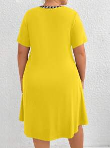 Đầm thời trang thanh lịch cổ tròn họa tiết răng sói cỡ lớn tay ngắn thiết kế nơ cho nữ, dành cho mùa hè - Màu vàng - Xem 2