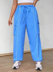 Flirla Plus Size Women Elastic Waist Drawstring Cargo Pants With Contrast Trim