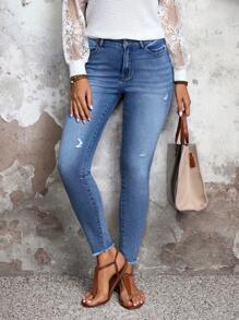 SHEIN LUNE Jeans de mezclilla simples con bolsillo delantero y botones para mujer, uso casual diario - Azul - Ver 3