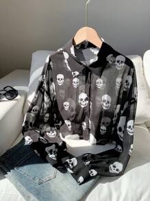 Comfortcana Skeleton Print Chiffon Cropped Long Sleeve Blouse For Halloween