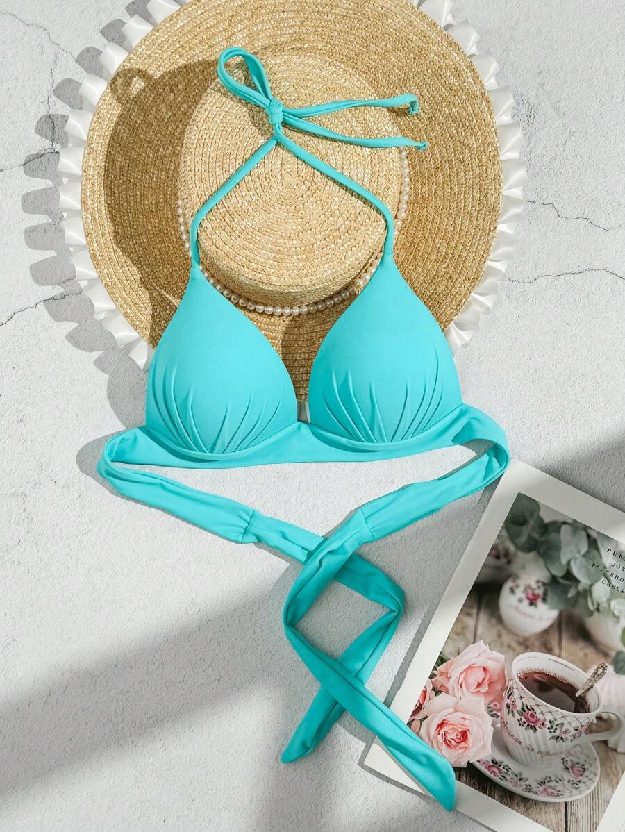 Swim Vcay Women's Summer Beach Vacation Solid Halter Tie Bikini Swimwear Top (Bow Tie Removable, Push Up Wireless)