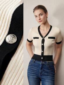 MOTF PREMIUM CONTRAST BINDING SINGLE BREASTED PLACKET SLIM FIT CARDIGAN - Black and White - View 2