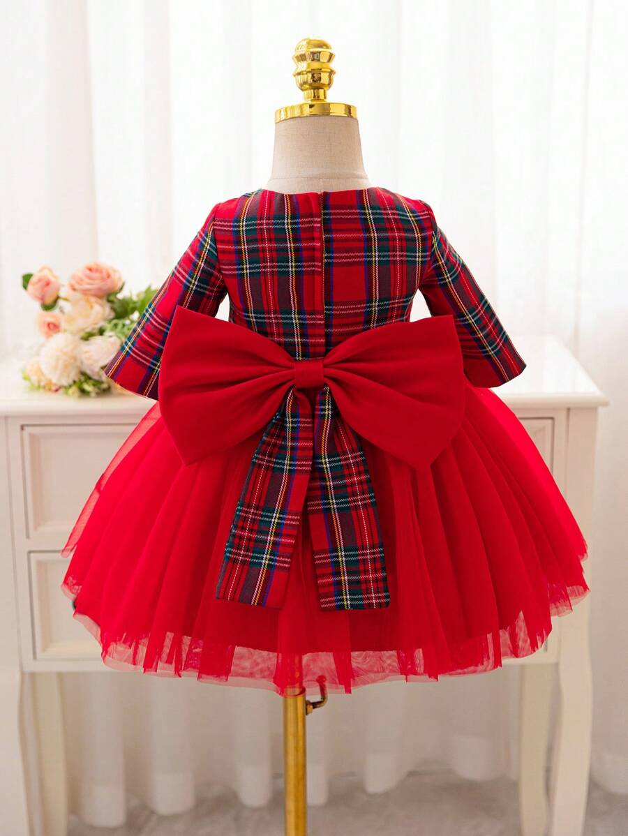 Glamorique Kids 圣诞节新生女婴派对装红色长袖格子蝴蝶结薄纱泡泡袖连衣裙节日服装 - 彩色 - 查看 1