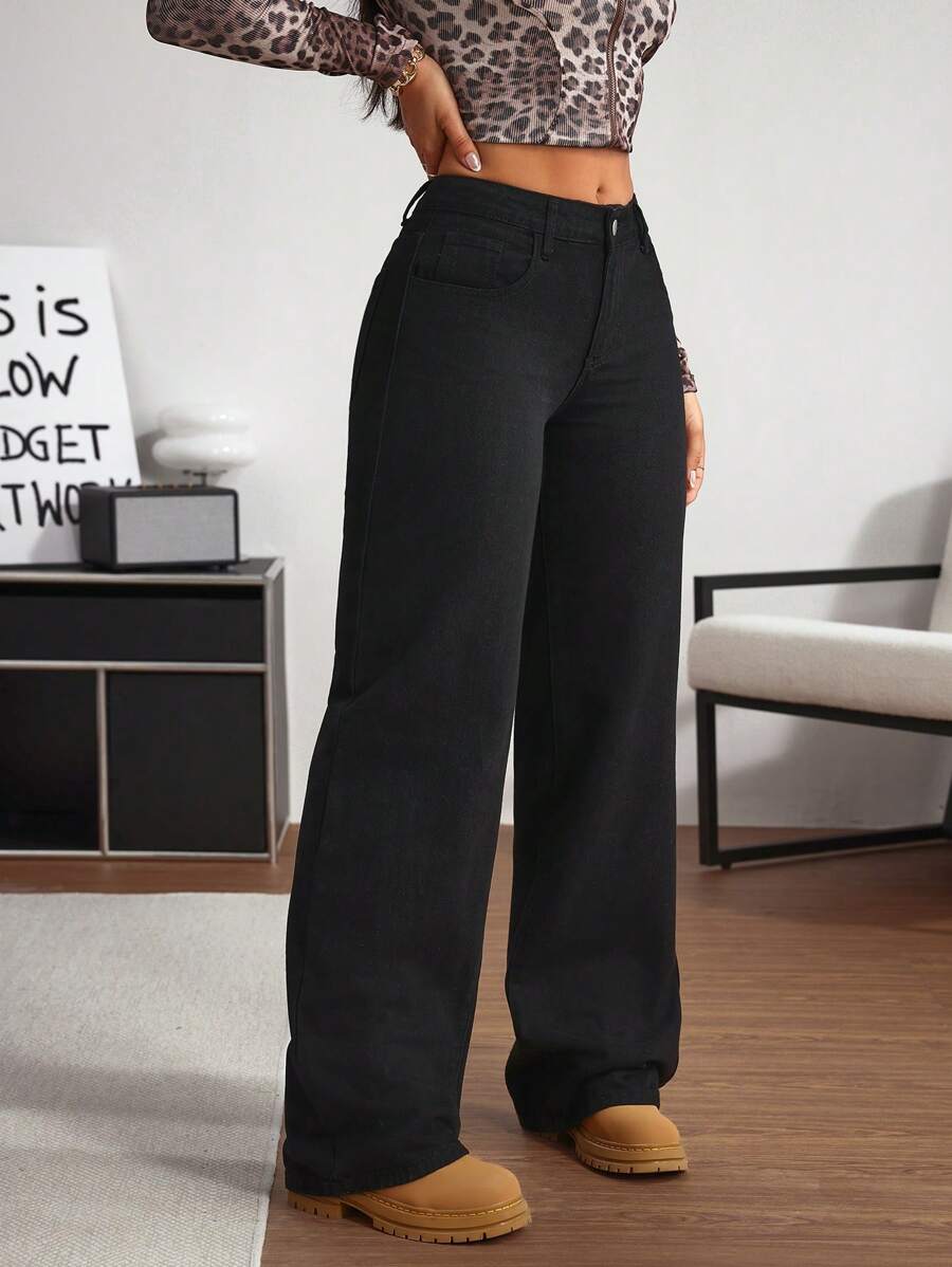 SHEIN Tall 女式休闲直筒牛仔裤，带斜口袋，秋季 - 黑色 - 查看 1
