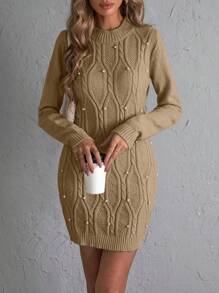 SHEIN Clasi 女士仿珍珠装饰圆领长袖休闲短款毛衣连衣裙 - 卡其色 - 查看 1