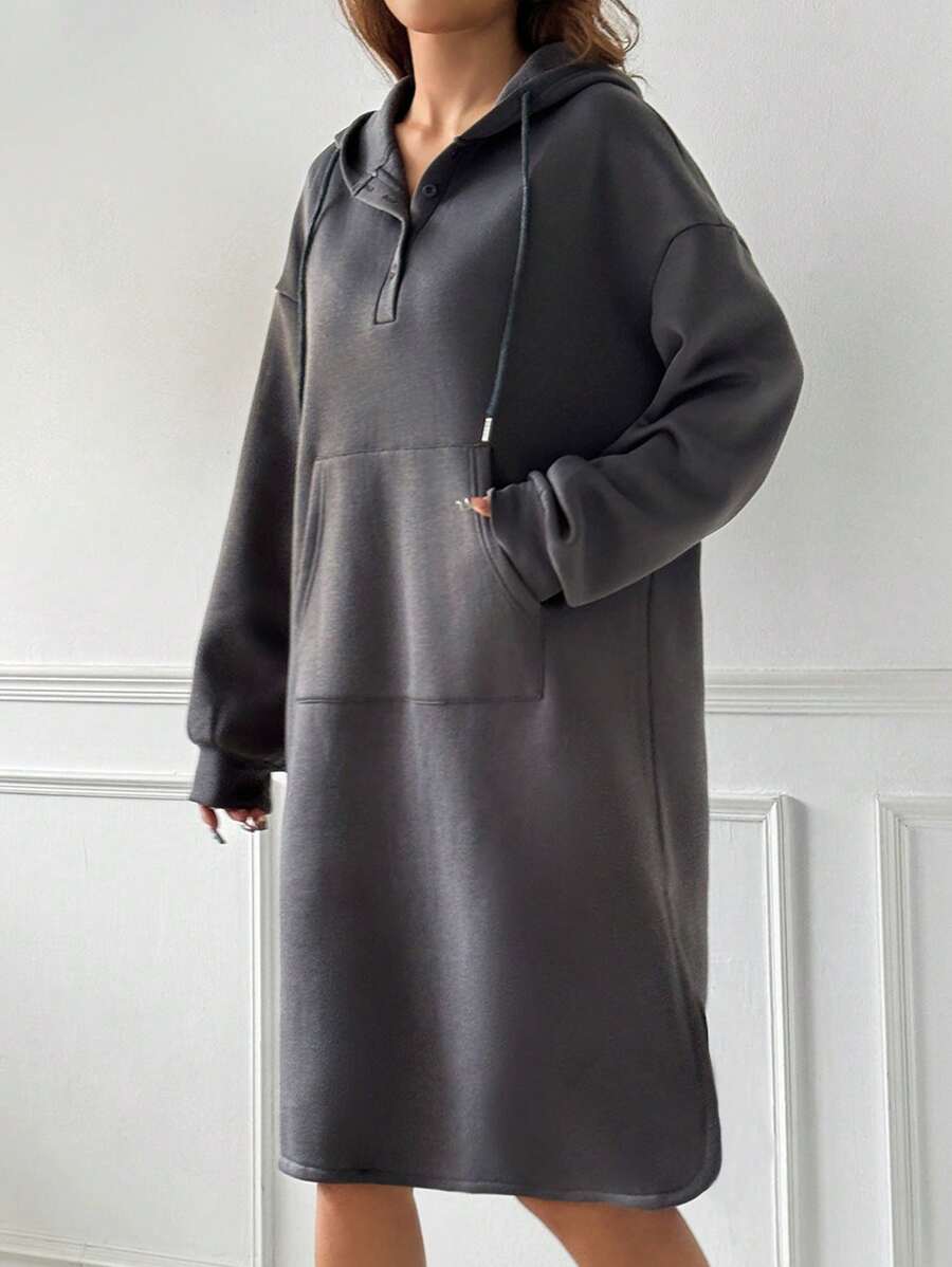 SHEIN EZwear 女士纽扣半拉链连帽卫衣连衣裙