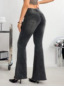 SHEIN Essnce 女士休闲破洞喇叭牛仔裤 - 灰色 - 查看 2