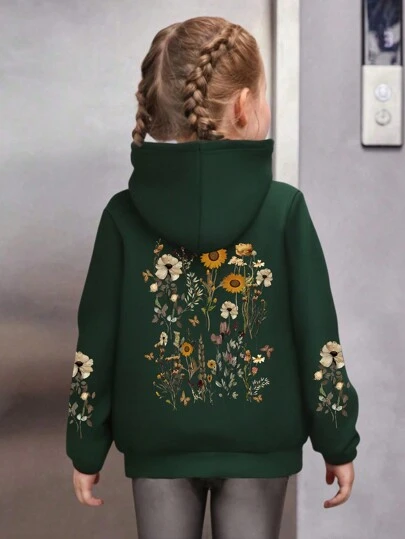 Sparklyn Tween Girl 复古花卉印花连帽运动衫，袖子过大，保暖内衬，适合秋冬季