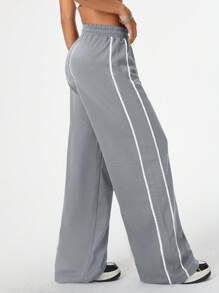 SHEIN 青少年女孩返校服装图案复古阔腿运动裤足球/排球感恩节万圣节服装圣诞节运动裤春/秋/冬 - 淺灰色 - 查看 2