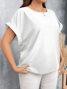 SHEIN LUNE 大码休闲纯色蝙蝠袖宽松上衣假日装 - 白色 - 查看 4