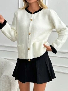 EURMUSE Contrast Color Trim Front Button-Up Pockets Elegant Long Sleeve Knit Cardigan