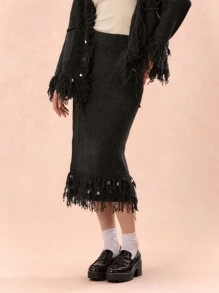 Enchnt Women's Elegant Gray Long Sweater Skirt With Shiny Sequins And Tassels, Fashionable Autumn And Winter Sweaters, Fall Women Outfits, Autumn And Winter - Grey - View 7