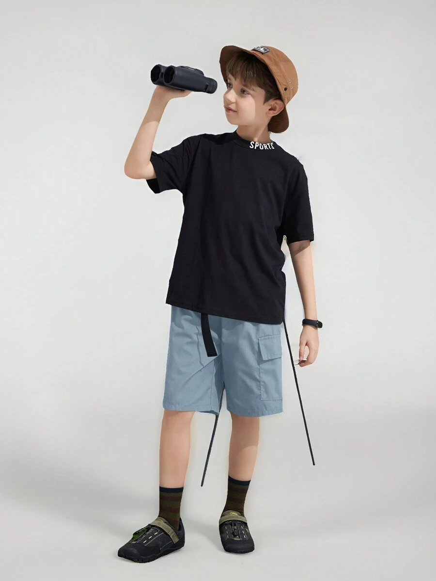 SHEIN 少年男孩休閒舒適短袖t卹與字母印花實用短褲套裝 - 藍色 - 查看 1