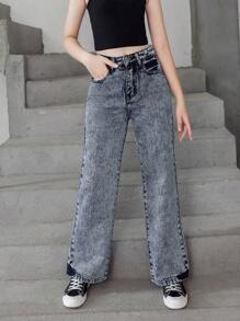 Tween Girl Street Boho Casual Elastic Waist Straight Jeans With Flat Pockets - Dark Wash - View 3