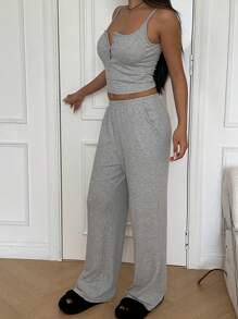 SHEIN EZwear 2 pezzi Set top e pantaloni casual donna aderente con bottoni davanti - Grigio - Visualizzare 3