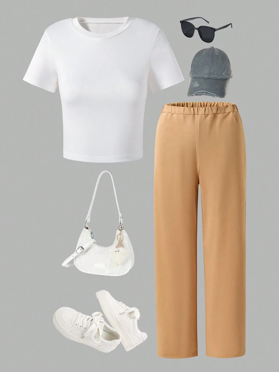 2pcs/Set Teenage Girls Casual Short Sleeve T-Shirt And Solid Color Pants Set, Spring & Autumn