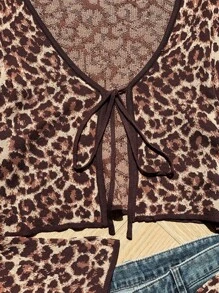 SHEIN EZwear Lightweight Leopard Print Knitted Cardigan, Spring Summer - Brown - View 8