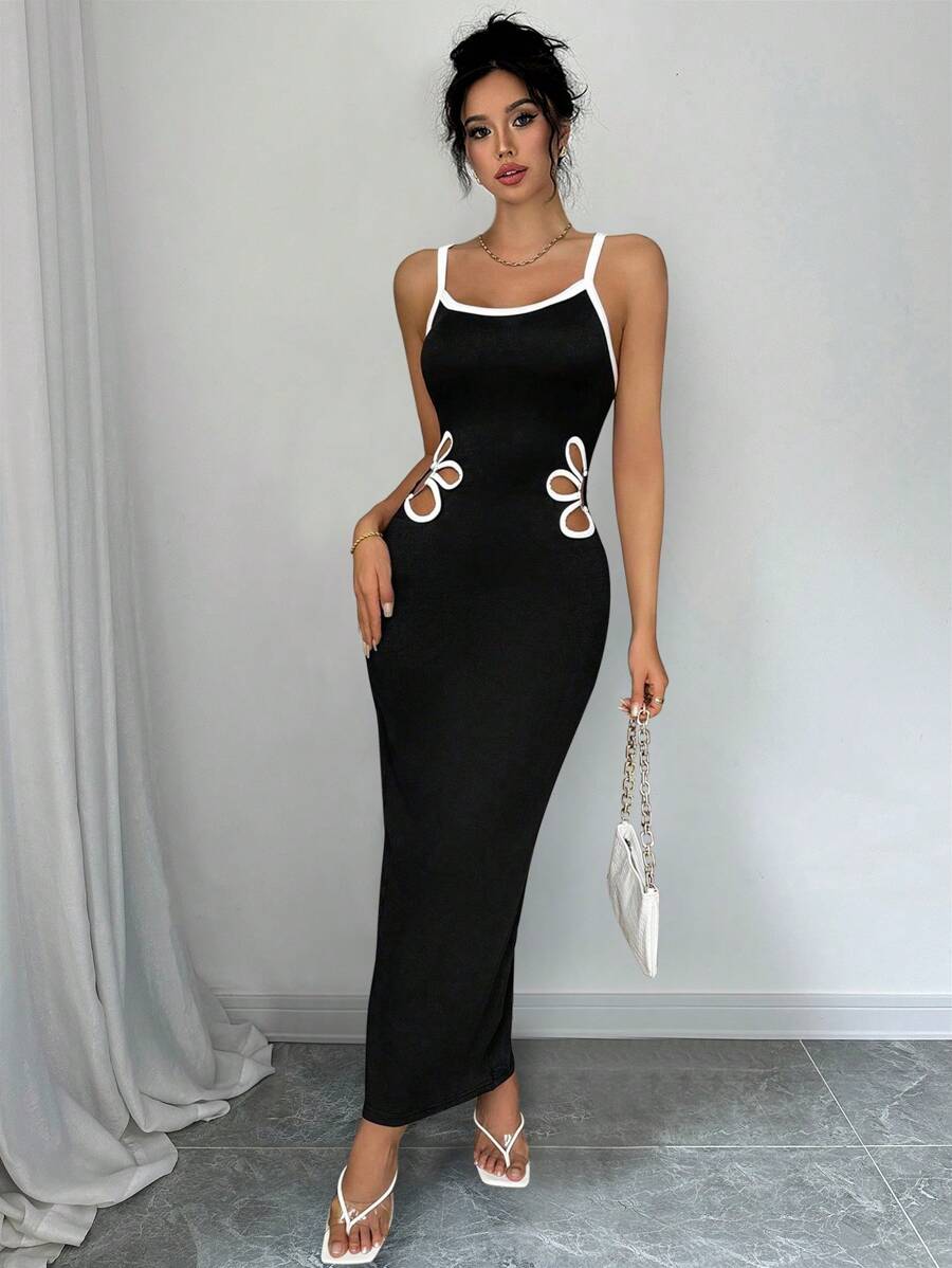 SHEIN PETITE Sexy Black And White Floral Hollow-Out Sleeveless Maxi Tight Slip Dress With Slit, Random Flower Patterns