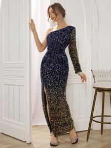 SHEIN Belle Women Ombre Long Sleeve Glittery Side Slit Hem Fitted Cocktail Party Dress, Semi Formal Dress, For Birthday, Wedding Guest Dinner, Homecoming - Multicolor - View 5